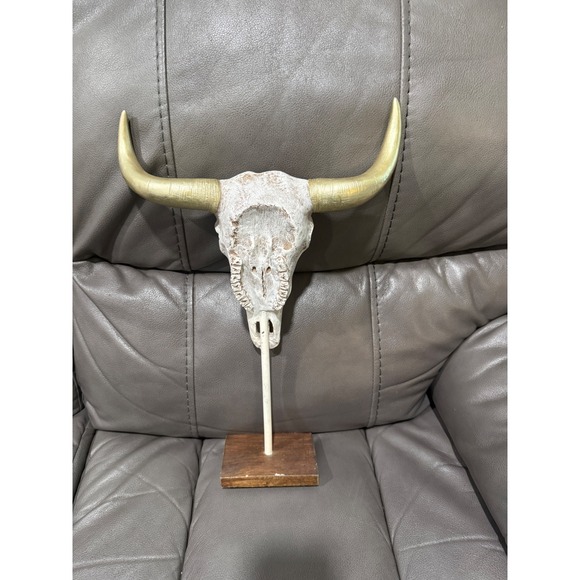 Faux Steer Skull Sculpture Gold Horns Rustic Western Decor - Picture 1 of 2